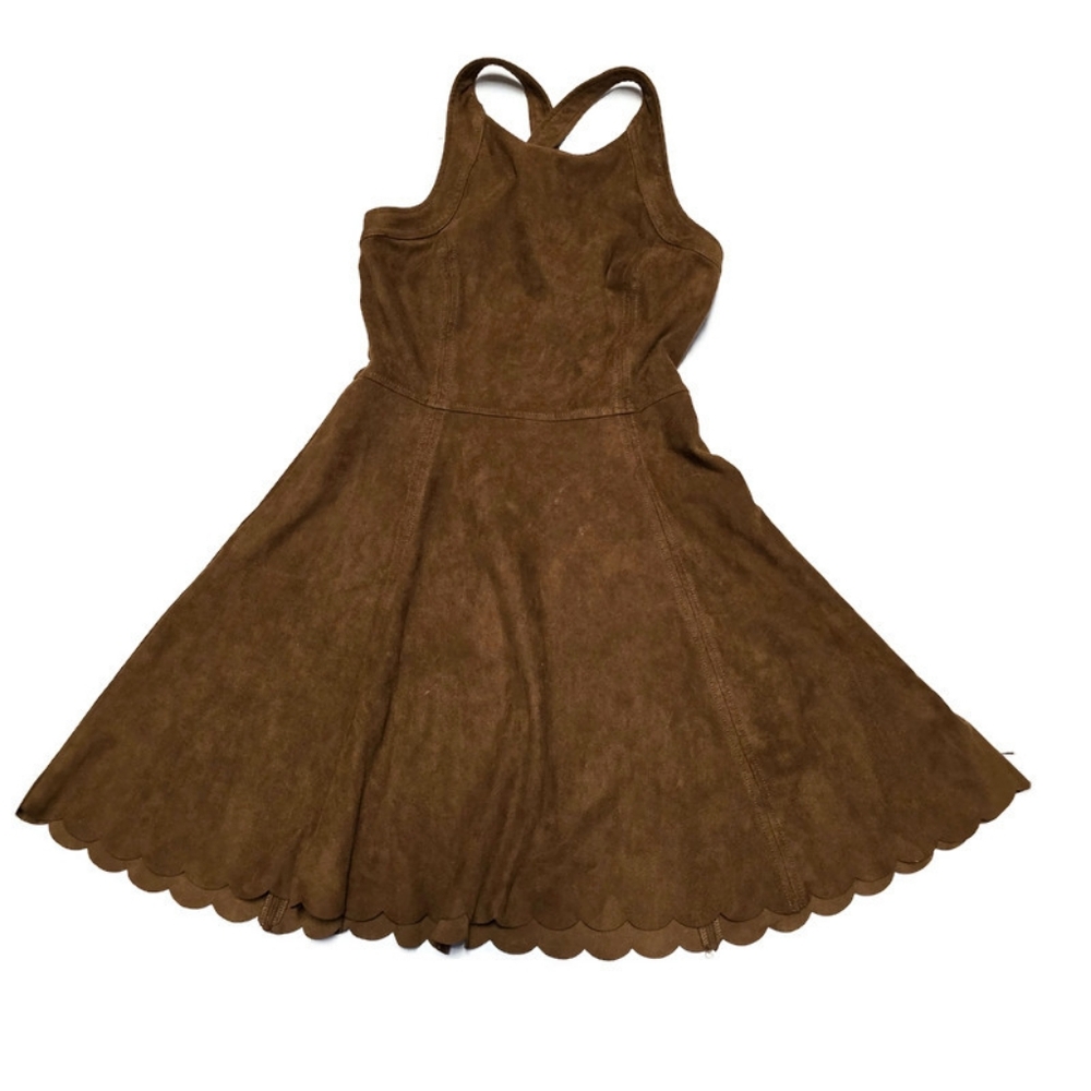 Express Women Brown Suede Like Dress Size Small Scalloped Hem Sleeveless - Picture 3 of 15